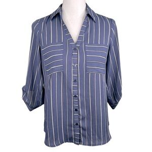 IZ Byer Blue Black & White Striped Button Down High Low Top Size‎ XS